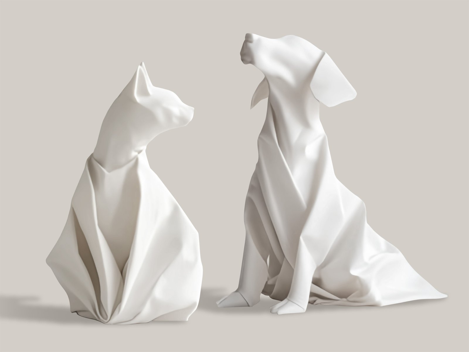 Minimal dog and cat figures resembling folded white napkins against a neutral background