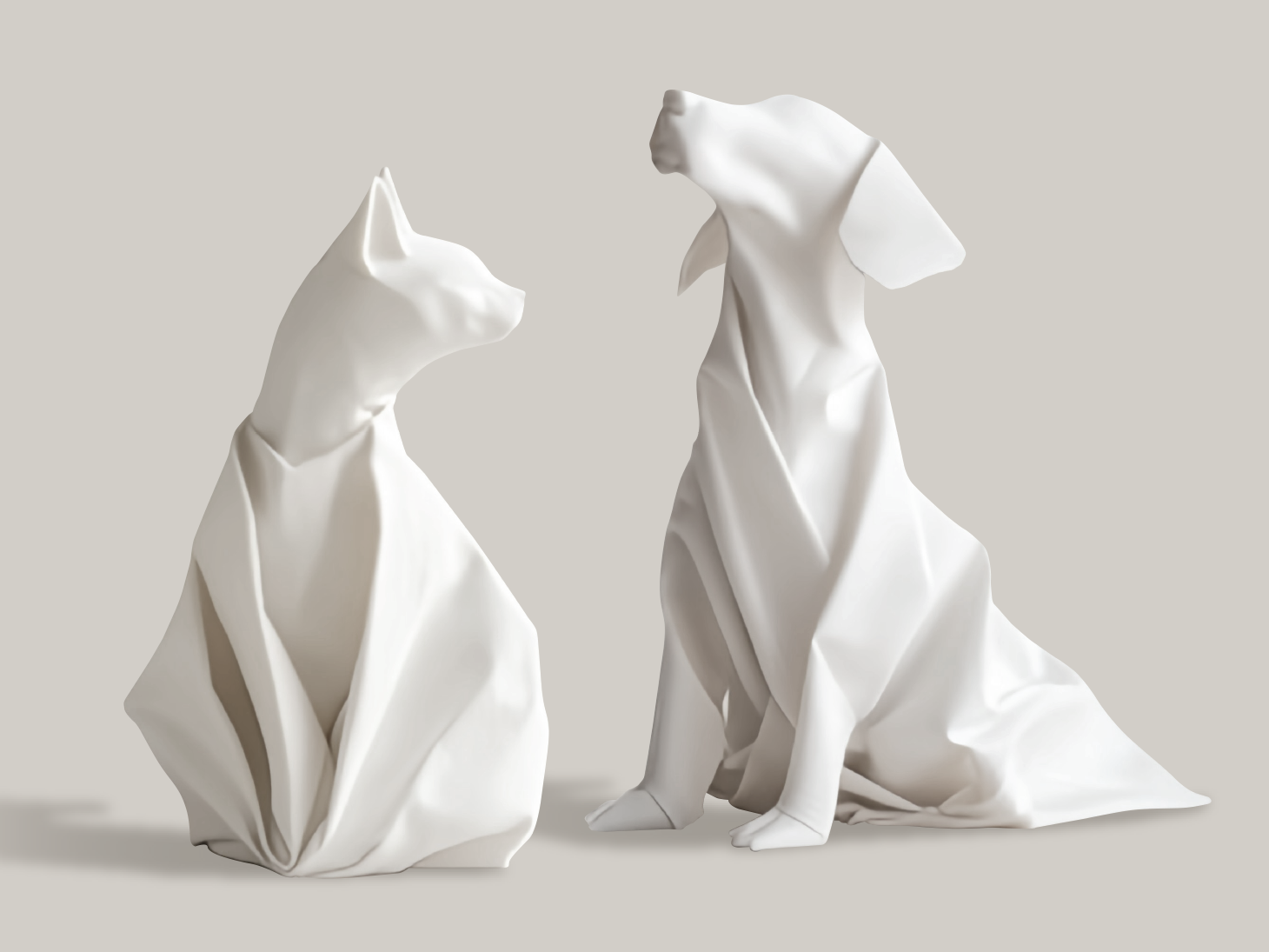 Minimal dog and cat figures resembling folded white napkins against a neutral background