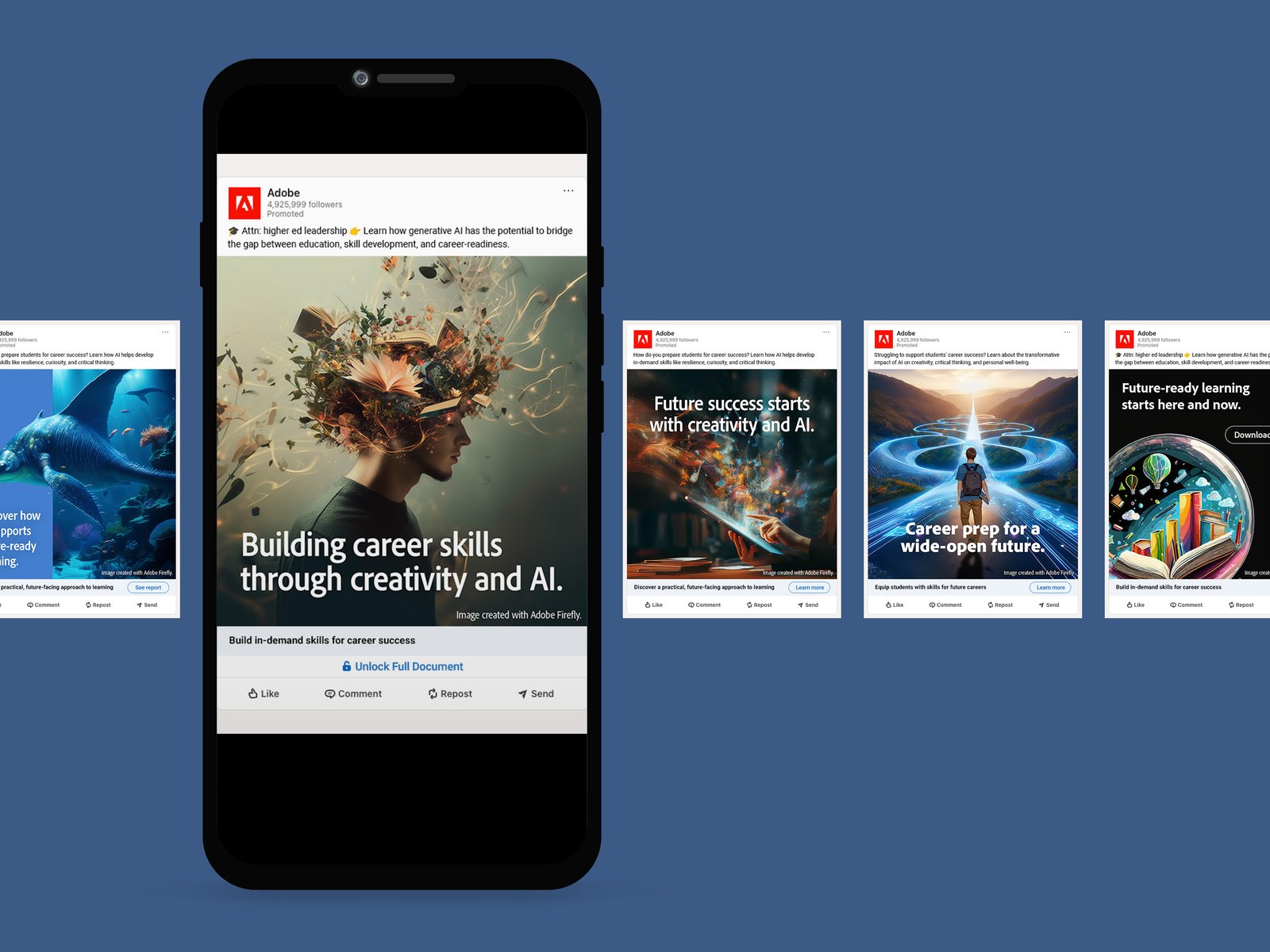 LinkedIn ad campaign mockup showing multiple single-image ad variants displayed across mobile and desktop, featuring Firefly-generated imagery and benefit-forward headlines promoting the Adobe Creativity with AI in Education report