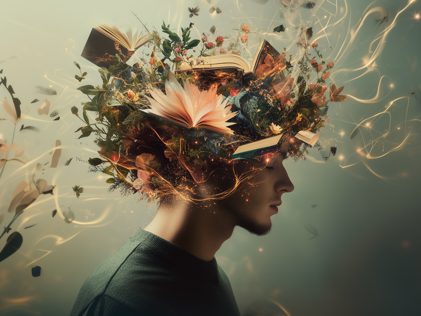 AI-generated surreal portrait of a person with books, flowers, butterflies, and glowing light trails emerging from their head