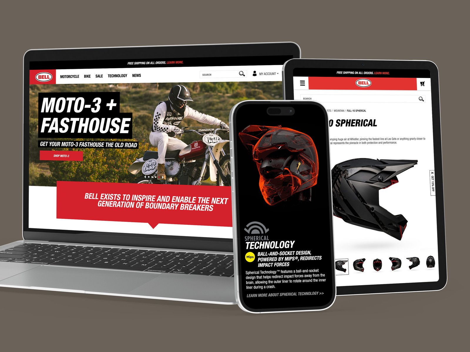 Responsive Bell Helmets ecommerce platform shown across desktop, tablet, and mobile devices