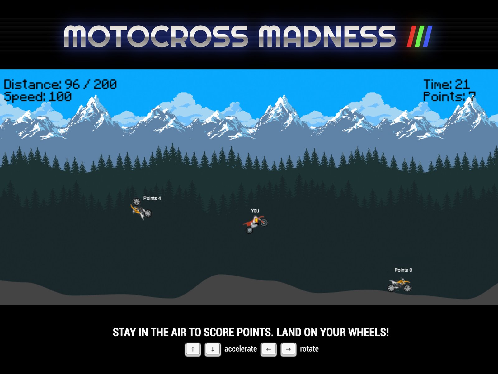 Retro-style motocross browser game featuring pixel-art motorcycles racing across mountainous terrain with score, timer, and trick-based gameplay instructions