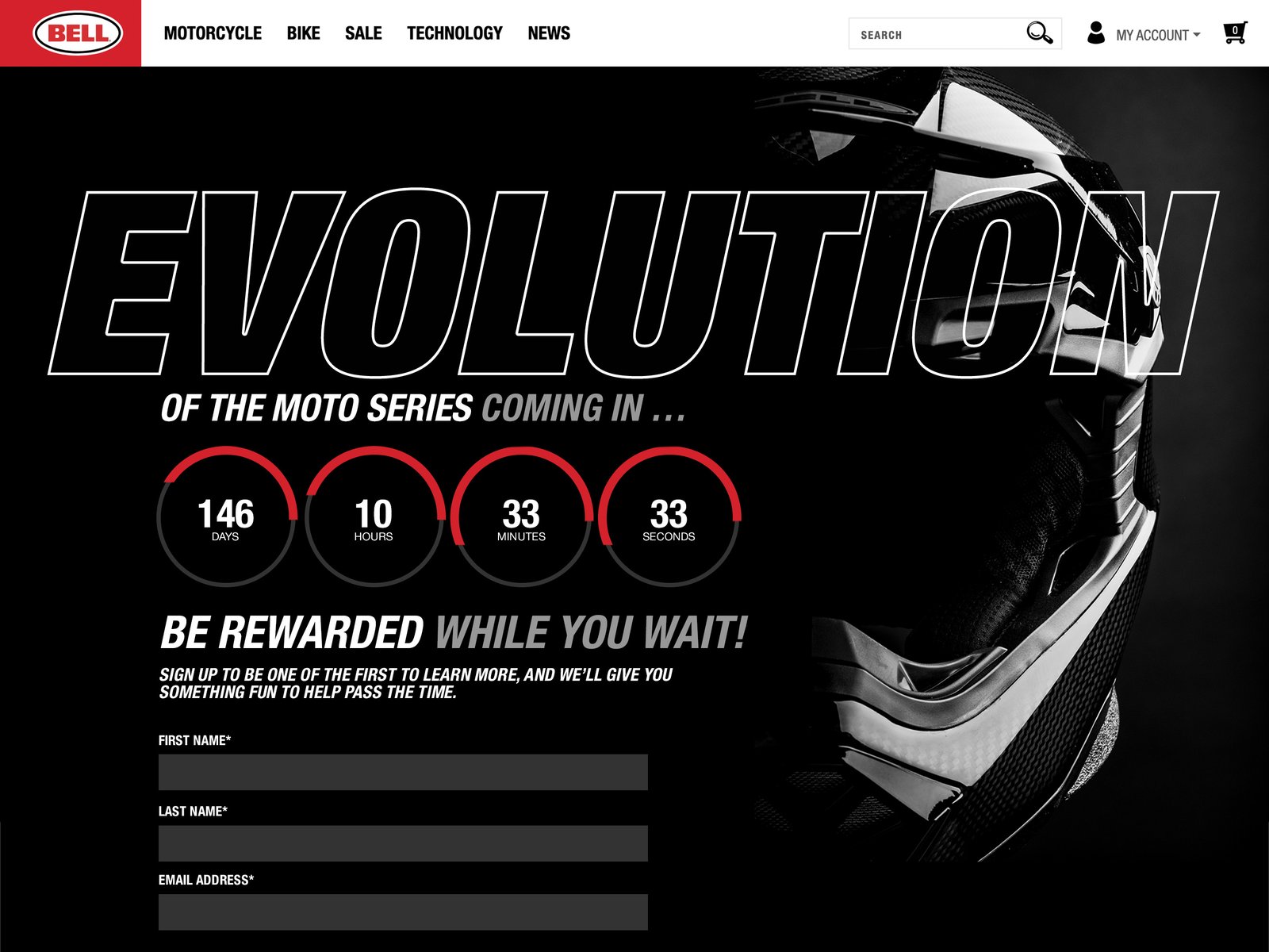 Pre-launch Bell Helmets landing page featuring a countdown timer, email signup form, bold “Evolution” typography, and a close-up motocross helmet image on a dark background