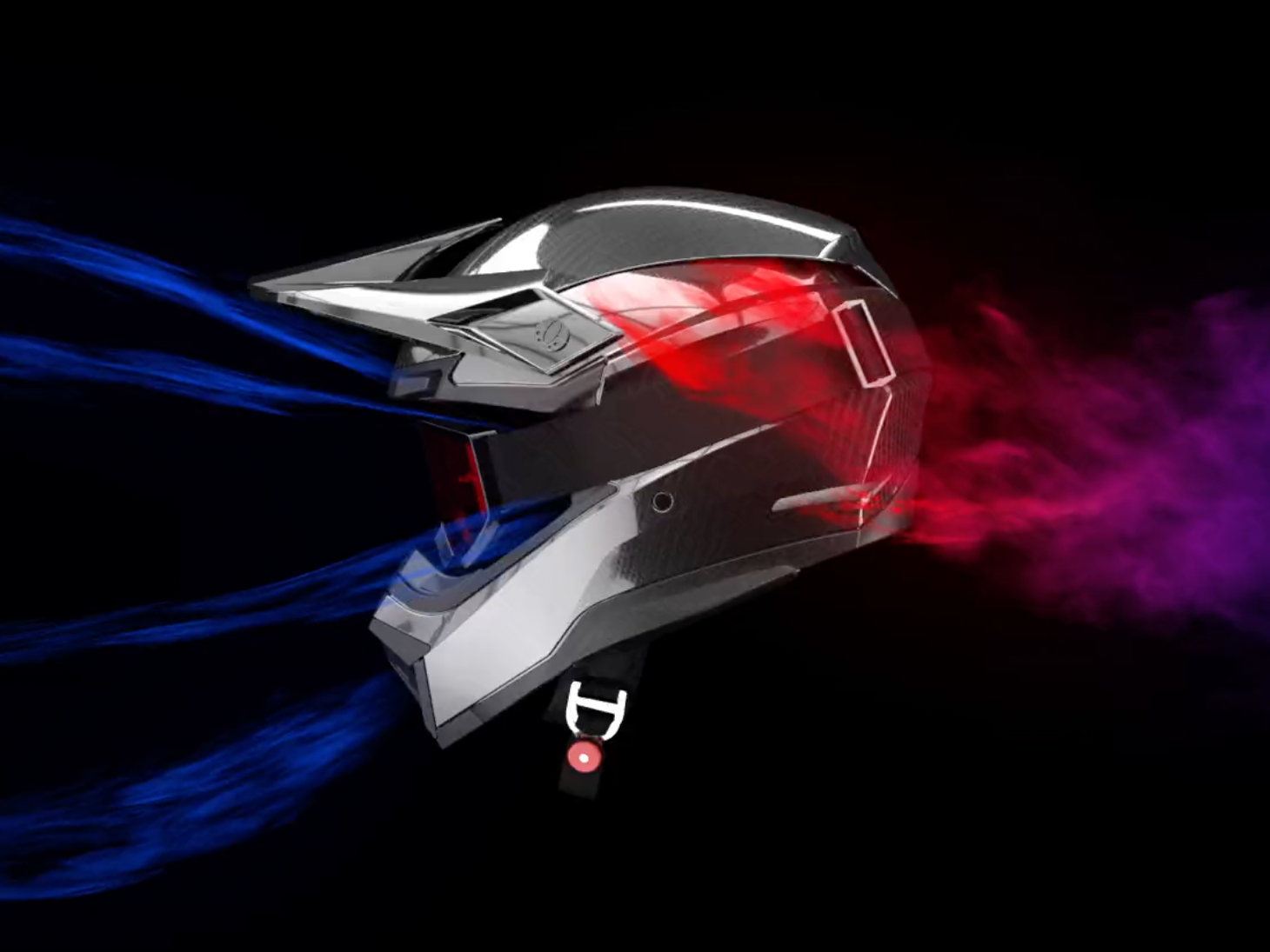 Close-up rendering of Bell’s Moto-10 Spherical helmet with colored airflow streams visualizing internal ventilation and cooling performance