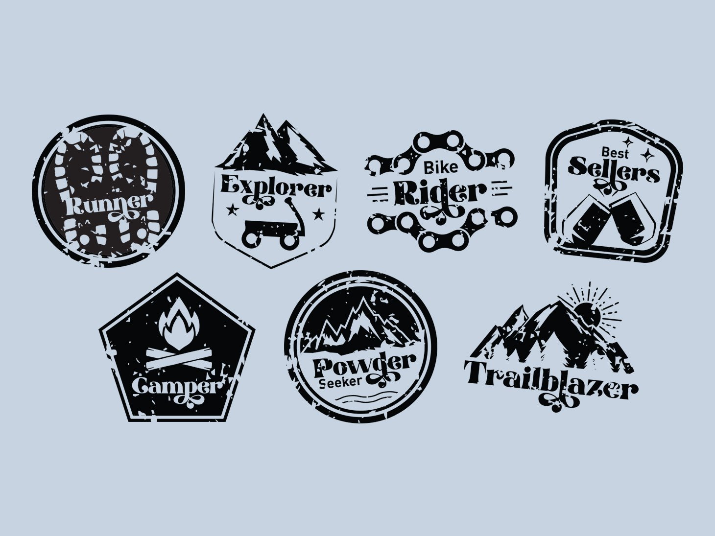 Collection of distressed outdoor-inspired icons and badges representing activities like running, biking, camping, trailblazing, and mountain exploration