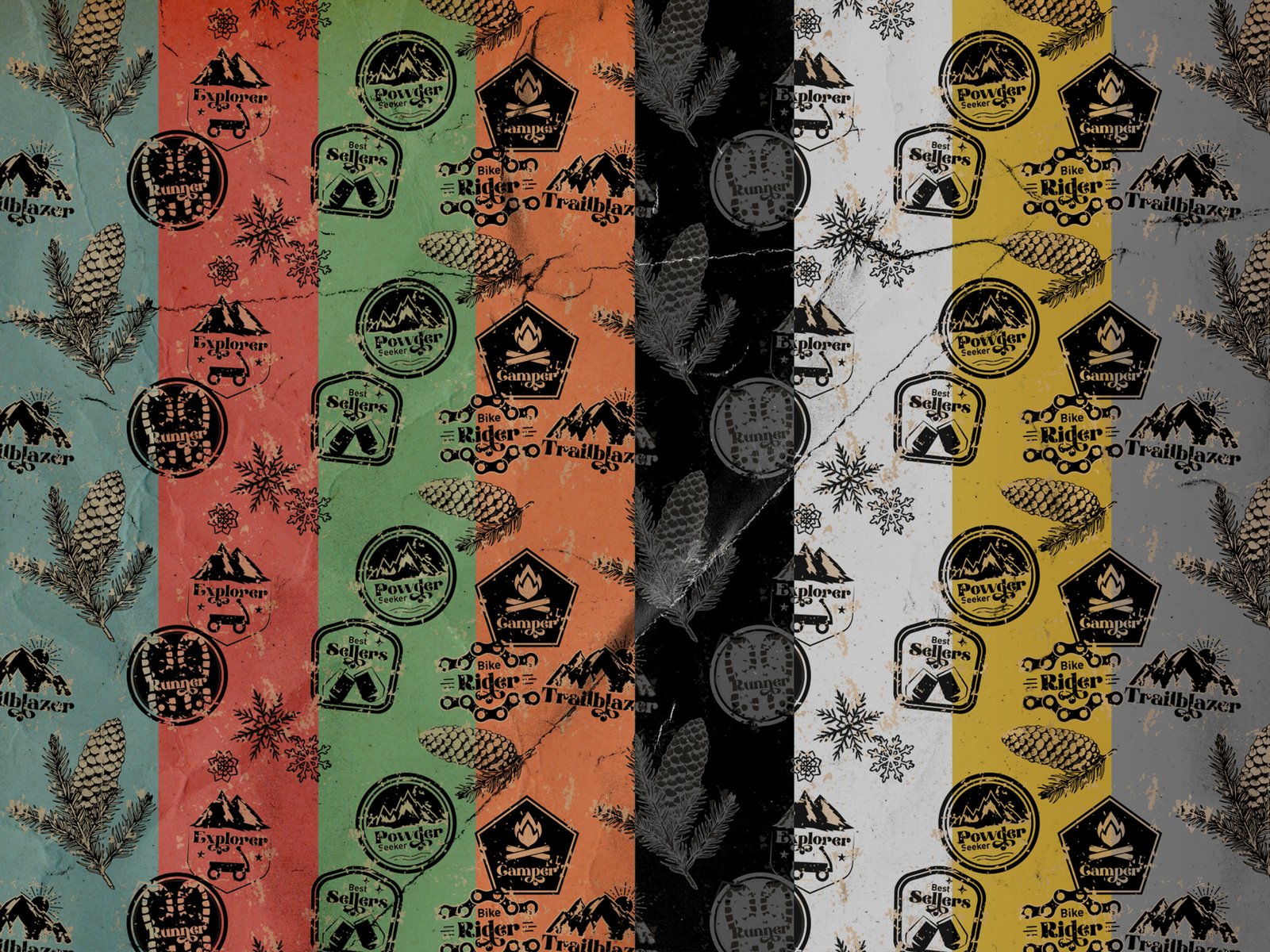 Holiday wrapping paper designs shown in multiple color variations featuring outdoor-inspired icons, pinecones, snowflakes, and distressed textures arranged in vertical stripes