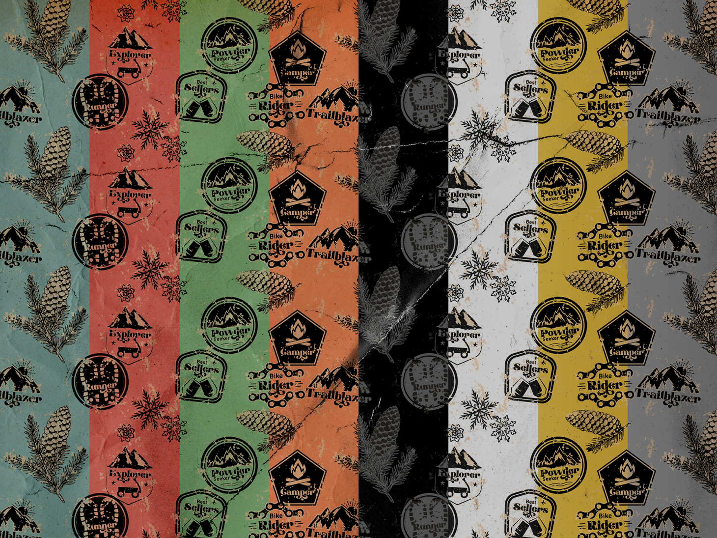 Holiday wrapping paper designs shown in multiple color variations featuring outdoor-inspired icons, pinecones, snowflakes, and distressed textures arranged in vertical stripes