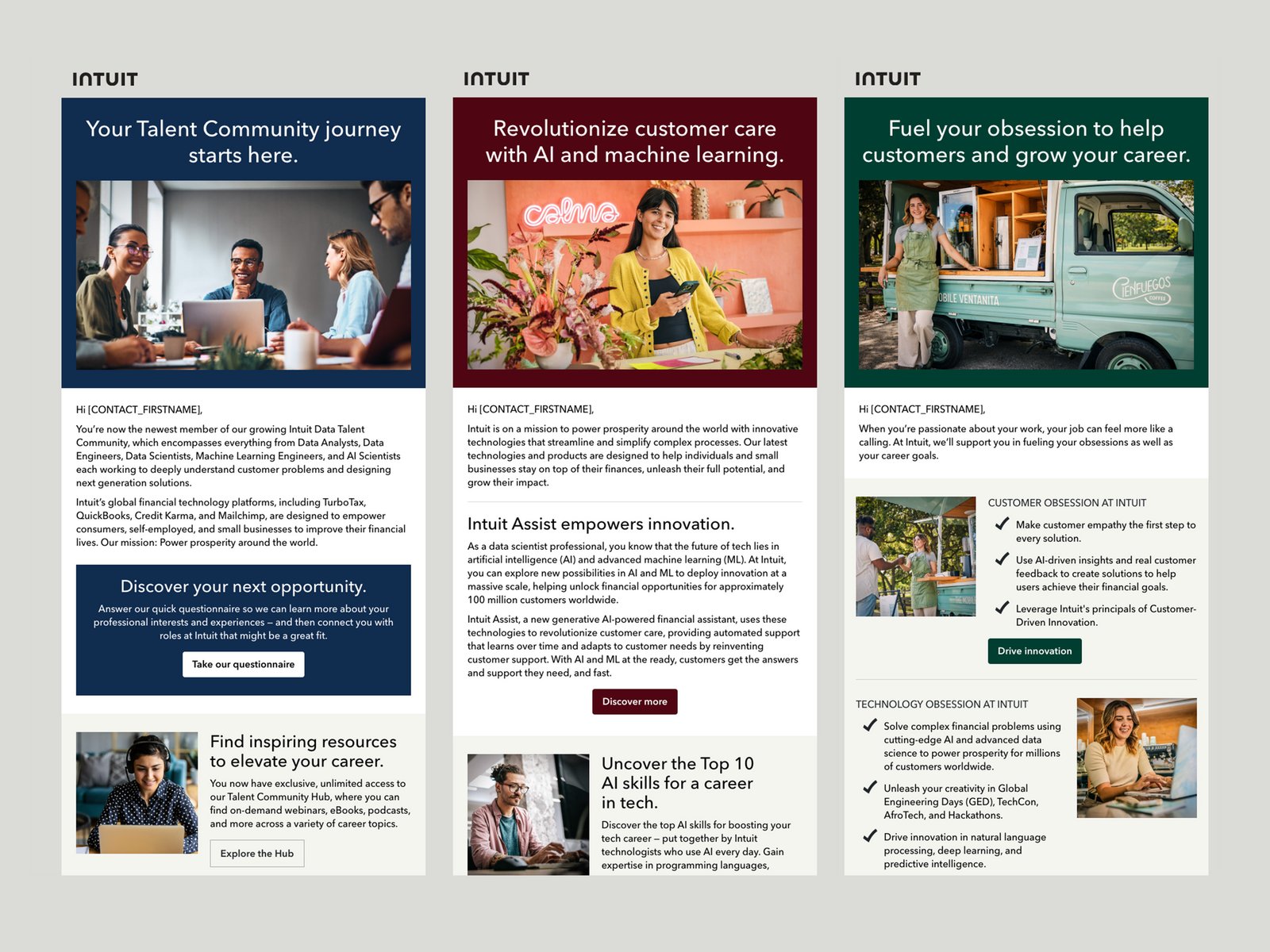 Three email designs shown side by side