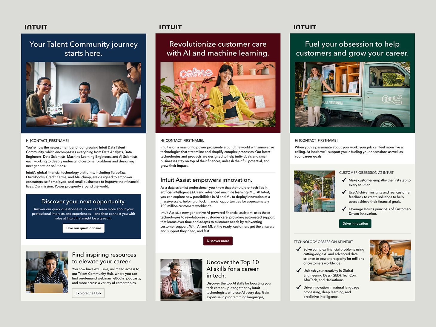 Three email designs shown side by side