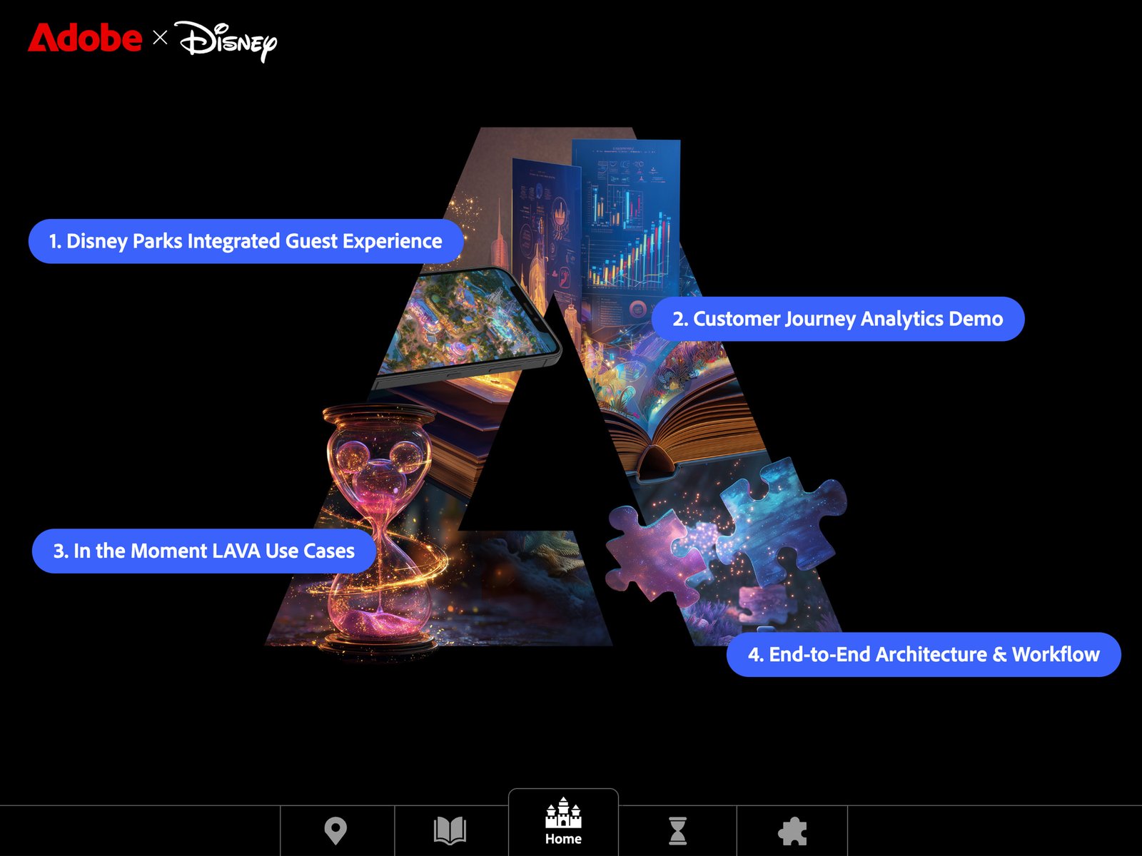 Adobe x Disney presentation microsite featuring themed navigation and AI-generated storytelling imagery