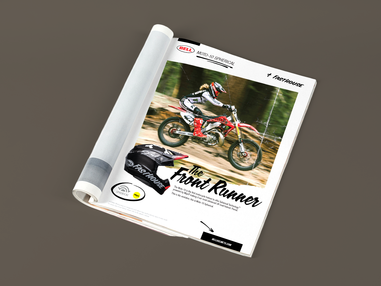 Bell Helmets print advertisement layout featuring motocross rider photography, product branding, and editorial-style typography