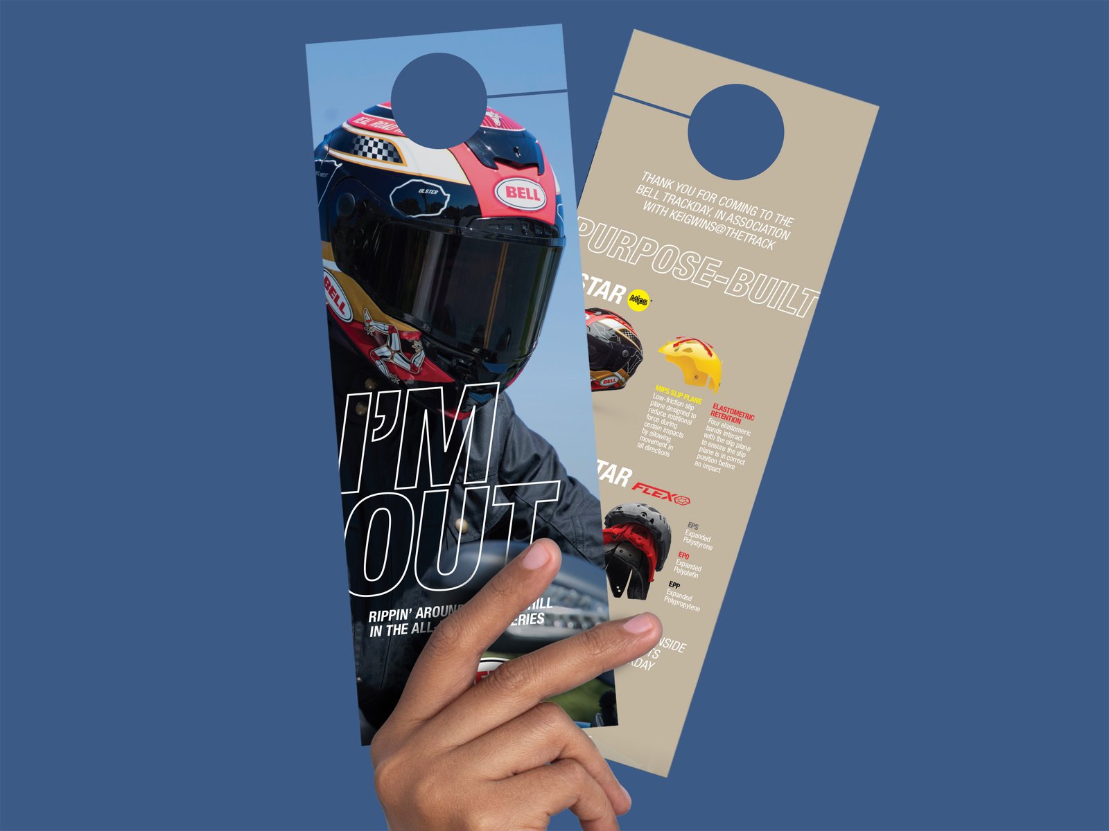 Custom Bell Helmets door hanger flyer featuring helmet photography, product technology details, and bold editorial-style typography