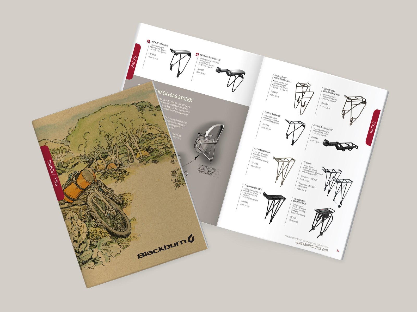 Blackburn seasonal product catalog featuring illustrated cover artwork and editorial-style product layouts