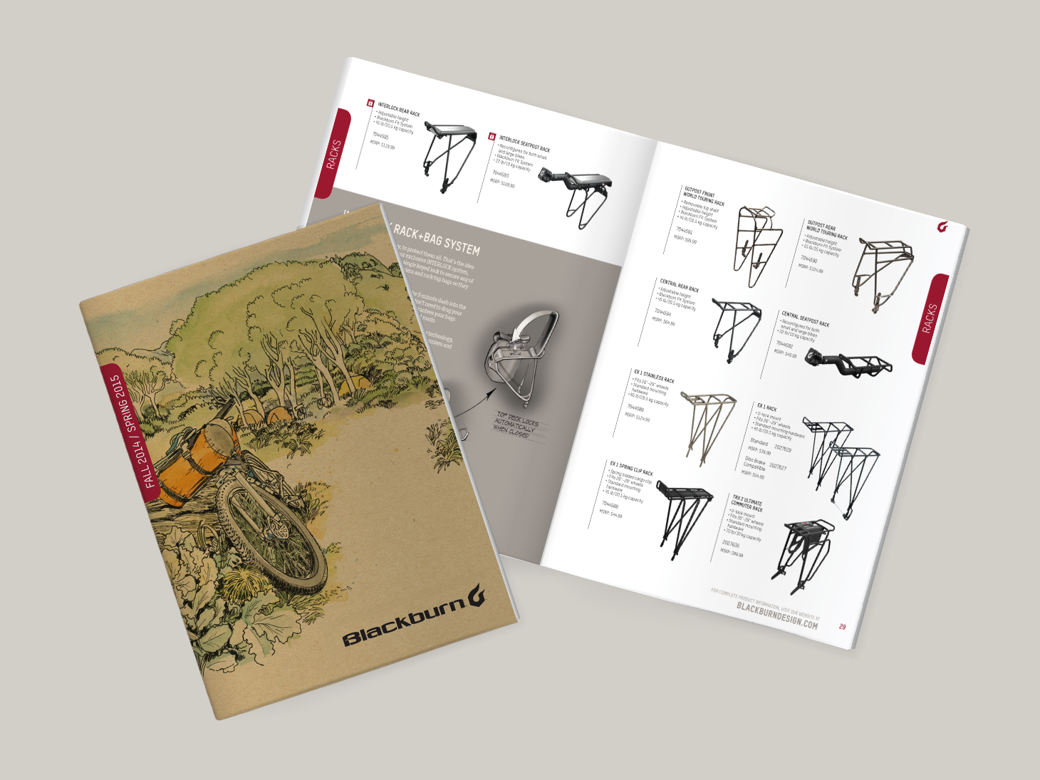 Blackburn seasonal product catalog featuring illustrated cover artwork and editorial-style product layouts