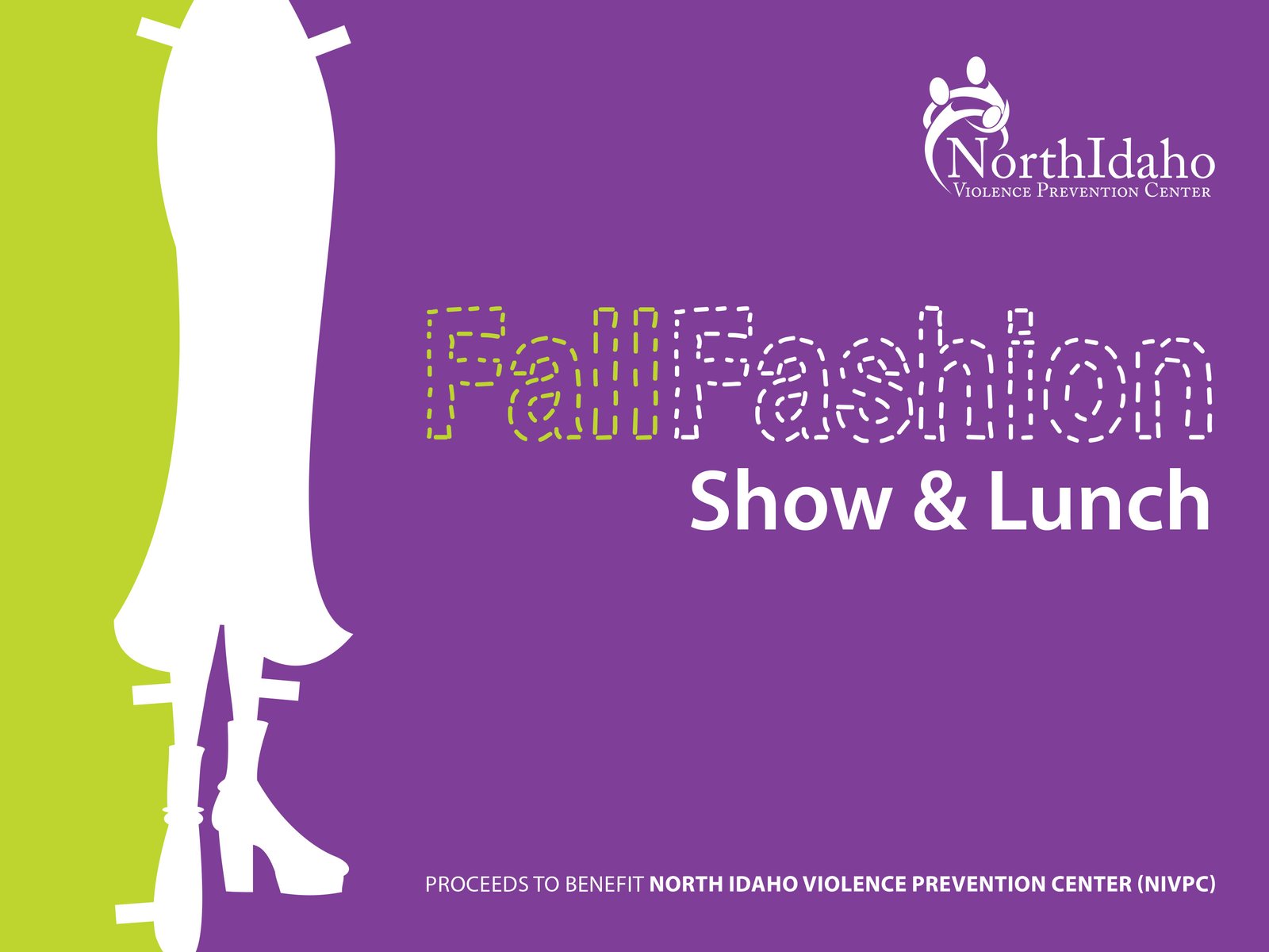 Fundraising campaign graphic for North Idaho Violence Prevention Center featuring fashion-inspired typography and bold purple and green color blocks