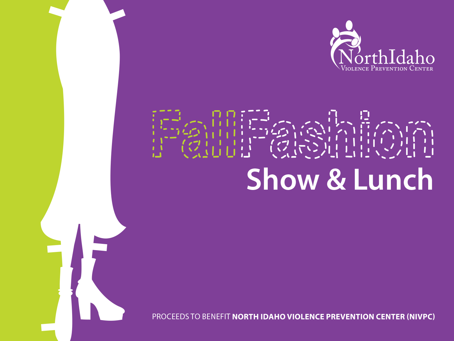 Fundraising campaign graphic for North Idaho Violence Prevention Center featuring fashion-inspired typography and bold purple and green color blocks